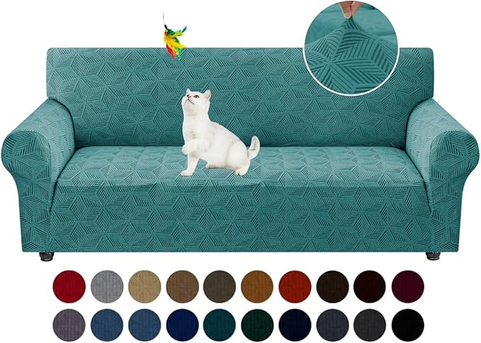 YEMYHOM 1 Piece Stretch Couch Covers for 3 Cushion Couch, Jacquard Sofa Cover with Non-Slip Elastic Bottom, Thickened Slipcover Furniture Protector for Dogs Pets (Large, Peacock Blue）