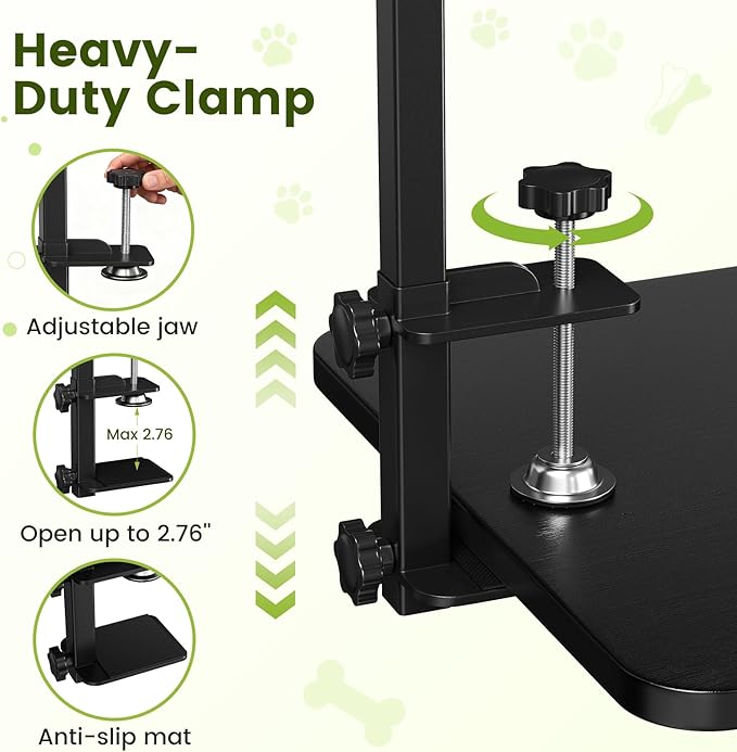 Dog Grooming Arm with Hammock & 2 Nooses - Adjustable Table Arm Height 20''-42'', Width 27''-39'', Table Clamp Up to 2.76'' Thickness, Pet Grooming Table Arm for Small Medium Breeds Up 70IB, Stable