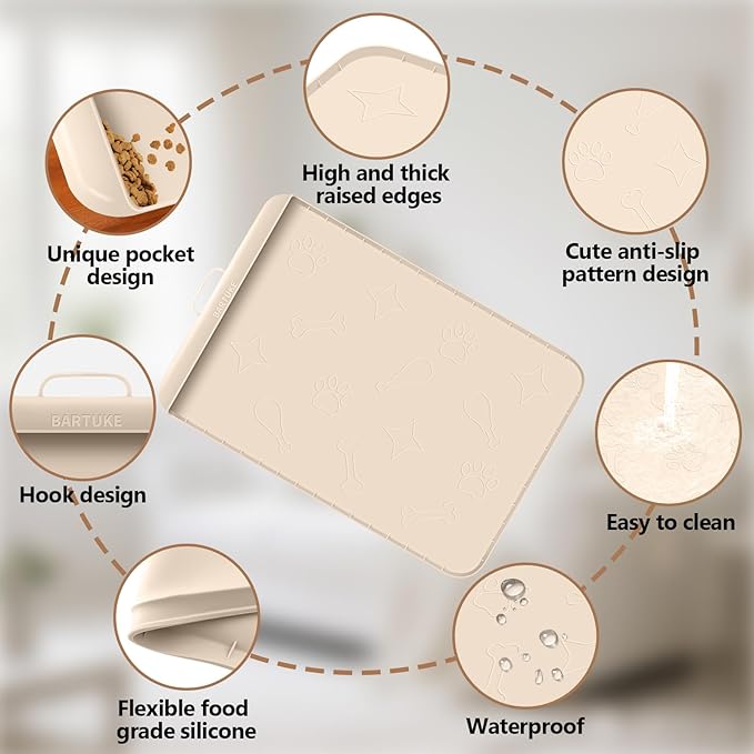 Dog Food Mat with Collection Pocket, 42''x28'' Extra Large Silicone Pet Feeding Mat for Food and Water, Waterproof Anti-Slip Dog Mat with Edge and Handle, Pet Placement for Floor (Beige)