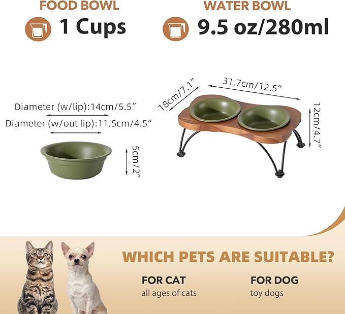 Ceramic 5.5-inch Raised Double-Bowl Set with Non-Slip Stand, 1 Cup Food or 9.5oz Water Dishes for Puppies and Cats, Wide Opening with Rounded Edges(Olive Green)