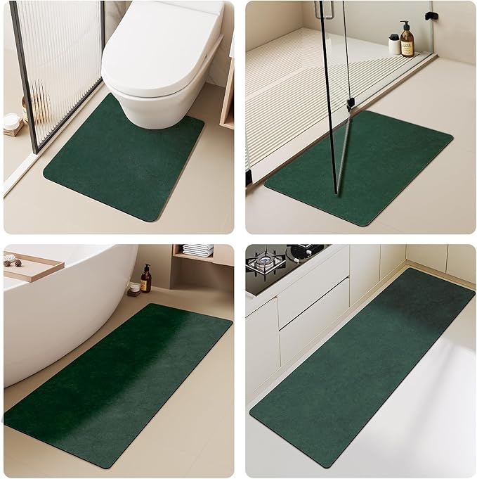 Bathroom Mat Quick Dry, Bathroom Rugs Non Slip Washable Thin Absorbent Bath Mat Fits Under Door Bathroom Floor Mat Perfect for Bath, Shower, or Sink 17"x59" Dark Green