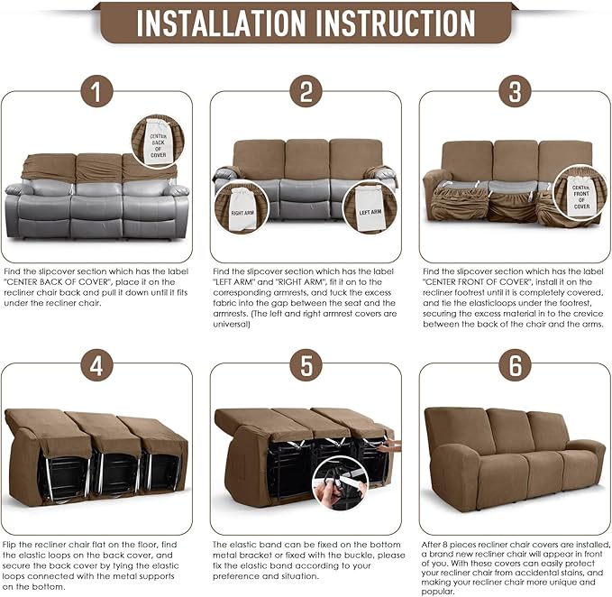 TAOCOCO Recliner Sofa Covers 8-Pieces Stretch Large Couch Covers for 3 Seats Reclining Slipcovers Soft Jacquard Pattern Furniture Protector (Khaki)