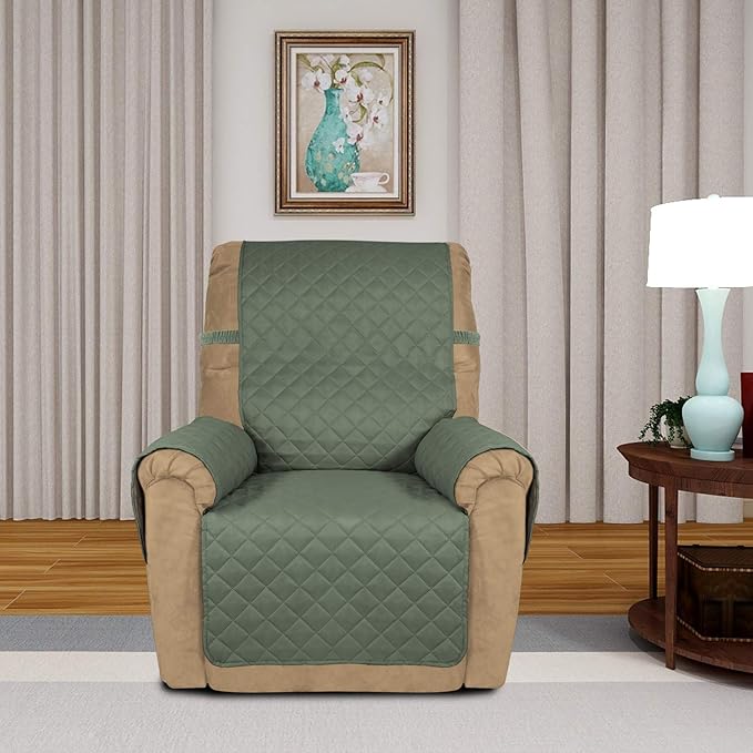 PureFit Reversible Quilted Recliner Sofa Cover, Water Resistant Slipcover Furniture Protector, Washable Couch Cover with Elastic Straps for Kids, Dogs, Pets (Small, Greyish Green/Beige)