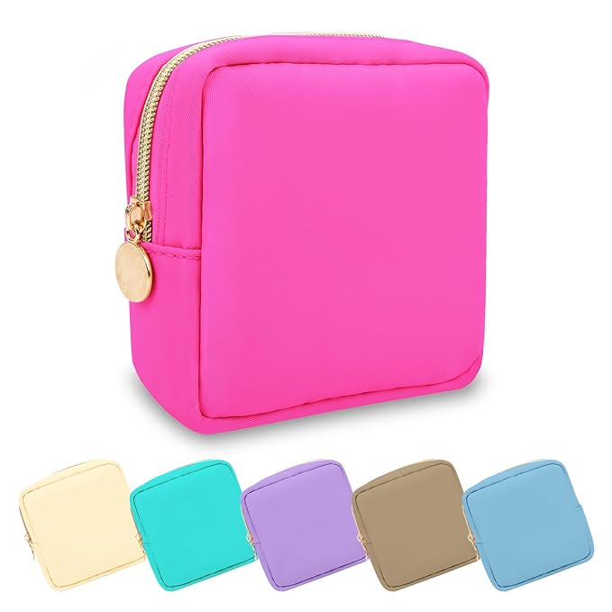 Mini Makeup Pouch for Purse, Small Cosmetic Bag Pouch Nylon Travel Toiletry Organizers for Women Girls, Cute Zipper Pouch Coin Purse Preppy Storage Bag for School Work(Mini-Bubblegum)