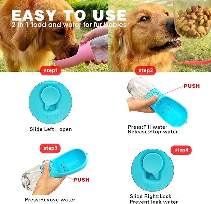 AVELORA Dog Water Bottle,Portable Pet Water Bottle with Food Container,Outdoor Portable Water Dispenser for Cat,Puppy,Pets for Walking,Hiking,Travel,Puppy Essentials,Dog Stuff(19oz)