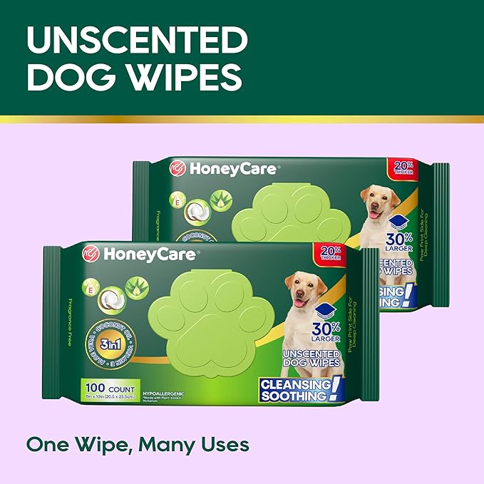 HONEY CARE Disposable Pet Wipes for Dogs & Cats – Cleansing & Soothing, Fragrance-Free, 100 Wipes for Paws, Butt & Body Cleaning