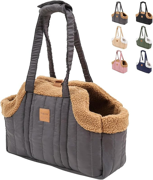 ETIAL Small Dog Carrier Purse, Winter Fleece Warm Dog Tote Bag Carrier with Secure Harness Clip for Puppy Kitten, Waterproof Pet Travel Handbag for Shopping, Hiking and Walking (Grey)