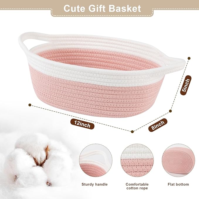 OIAHOMY Gift Basket Empty with Handle, 12"x 8"x 5" Small Woven Basket with Gift Bag, Ribbon and Wrap Tissue Paper, Dog Toy Storage for Organizing - Dusty Pink & White