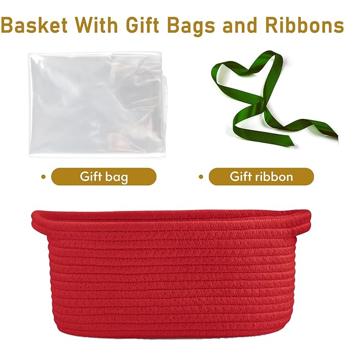 Poschnor Gift Basket with Gift Bags and Ribbons, Small Woven Rope Toy Storage Basket for Baby and Pet, 12"X 8" X 5", Red
