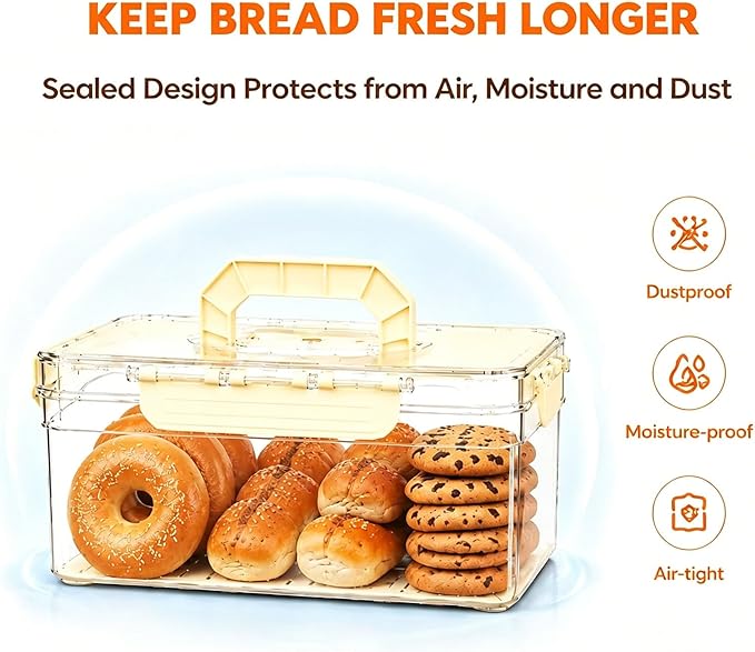 Bread Box with Ice Chilled Condiment Caddy, Portable Airtight Storage Container with Lid Handle for Kitchen Counter, Keeper for Homemade Bread, Toast, Bagel, Cookies, Beige