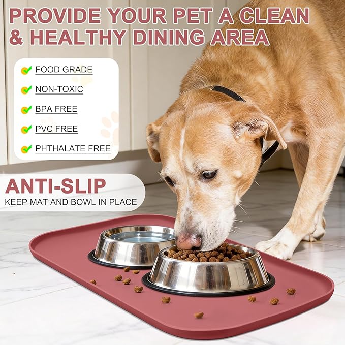 Silicone Pet Food Mat with Raised Edge for Food and Water Bowl, Dog Feeding Mats, Cat Food Trays for Floor Waterproof, Rubber Tray for Dogs and Cats, 22 x 14 x 0.8 Erythrinus