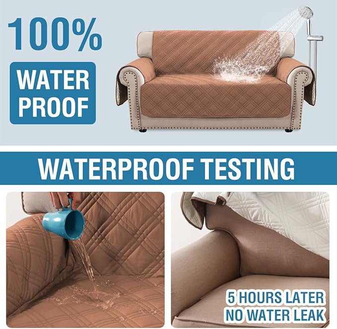 H.VERSAILTEX 100% Waterproof Sofa Covers for 2 Cushion Couch Modern Sofa Covers Waterproof and Washable Thick Soft Couch Cover for Dogs with Elastic Straps (Loveseat, Terracotta/Beige)