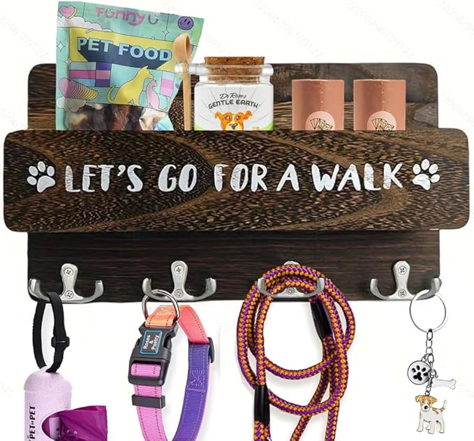 Wood Dog Leash Holder for Wall, Key Hangers with 4 Double Key Hooks, Dog Leash Hanger Wall Mounted for Entryway, Farmhouse Treats,30cm, Brown