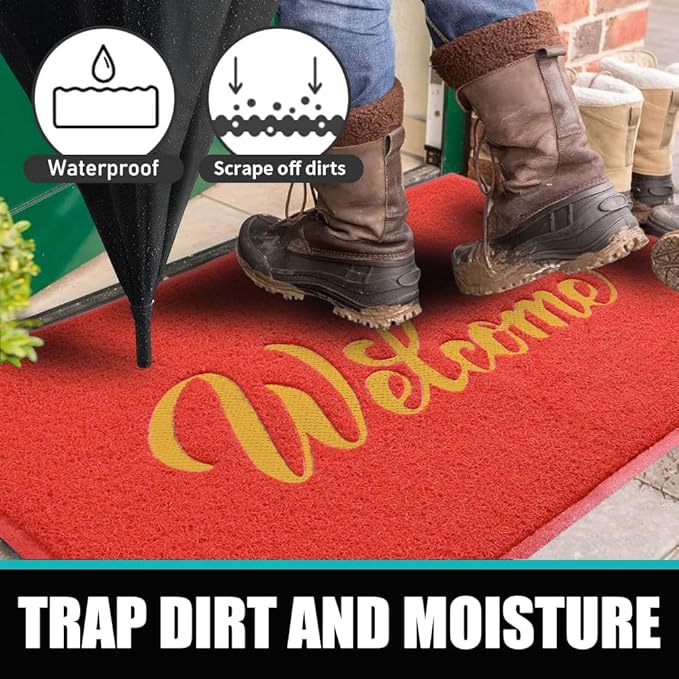 T.HENV Welcome Mat - Outdoor, 36x24 Waterproof All-Season Door Mat, All-Weather Quick Drying, Low Profile, Red-Gold