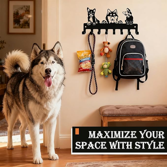 Dog Leash Holder for Wall with 8 Hooks, Heavy Duty Metal Key Rack Wall Mounted, Pet Leash and Key Organizer for Entryway Garage, Holds Harnesses, Collars, Leashes, Keys, Hats