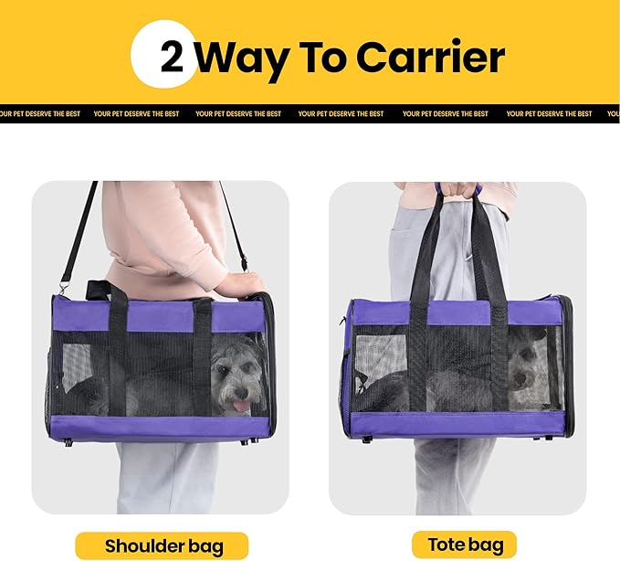 Conlun Cat Carrier Airline Approved, Soft-Sided Dog Carrier with Inner Safety Leash, Pet Transport Carrier for Small-Medium Cats Puppies up to 15 Lbs, Collapsible Travel Kitten Carrier Bag -Purple M