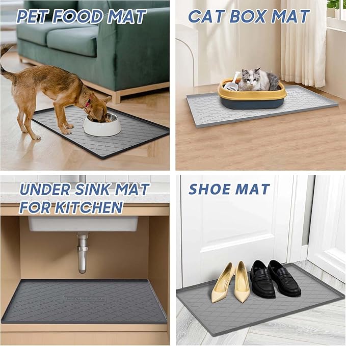 URMONA Large Dog Food Mat, 28" x 22" Pet Food Mat, Waterproof Dog Cat Food Mat with Raised Edges, Silicone Pet Food Mat, Dog Accessories, Prevents Food Spills, Protects Floors（Khaki）