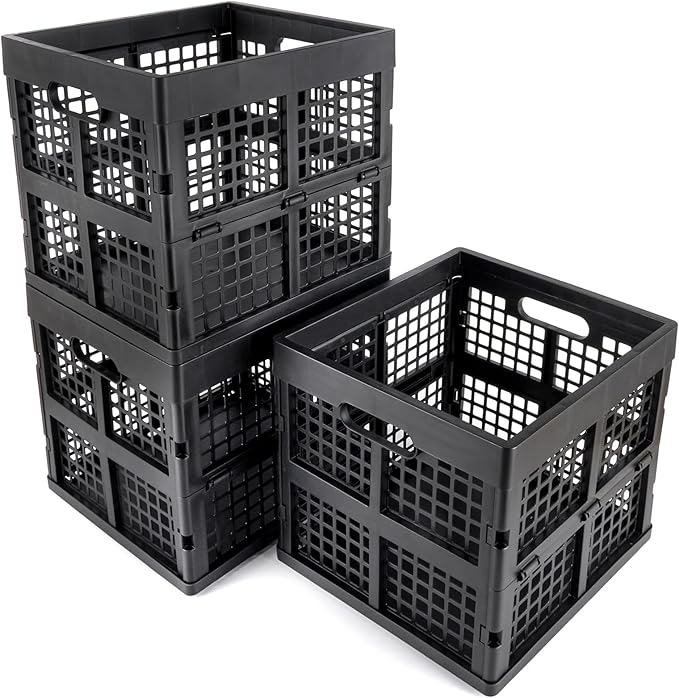 Eslite 3-Pack Collapsible Plastic Storage Crates,Foldable Crates for Storage,16L (Black)