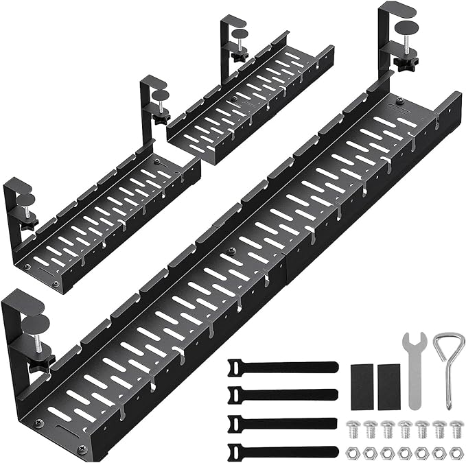 31Inch Extendable Under Desk Cable Management Tray, Black Metal Cable Management Tray Under Desk Cord Management with Clamp, 31 Inch x 4.33 Inch