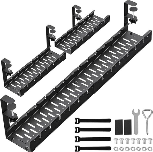 31Inch Extendable Under Desk Cable Management Tray, Black Metal Cable Management Tray Under Desk Cord Management with Clamp, 31 Inch x 4.33 Inch