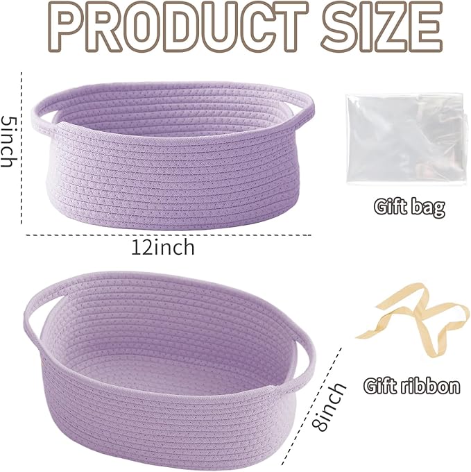 JMvicyroam Woven Basket,Small Rope Storage Bin with Handles & Ribbon Bag, Organizer for Shelves Closets,Gift Basket Empty for Birthday,Books,Dog Toys, Purple