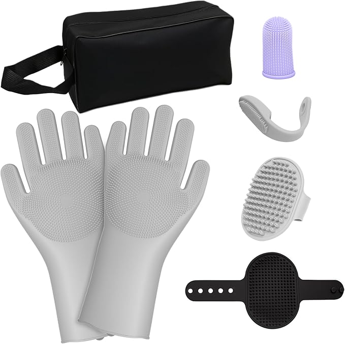 MIYIJHY 7-Piece Pet Grooming Kit with Storage Bag | Portable Bathing Set for Dogs & Cats | Includes Silicone Gloves, Deshedding Brushes & Finger Toothbrushes | All-in-One Pet Care (Gray)