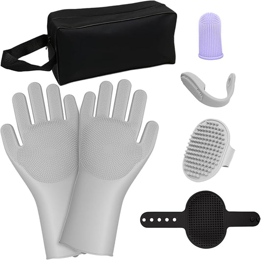 MIYIJHY 7-Piece Pet Grooming Kit with Storage Bag | Portable Bathing Set for Dogs & Cats | Includes Silicone Gloves, Deshedding Brushes & Finger Toothbrushes | All-in-One Pet Care (Gray)