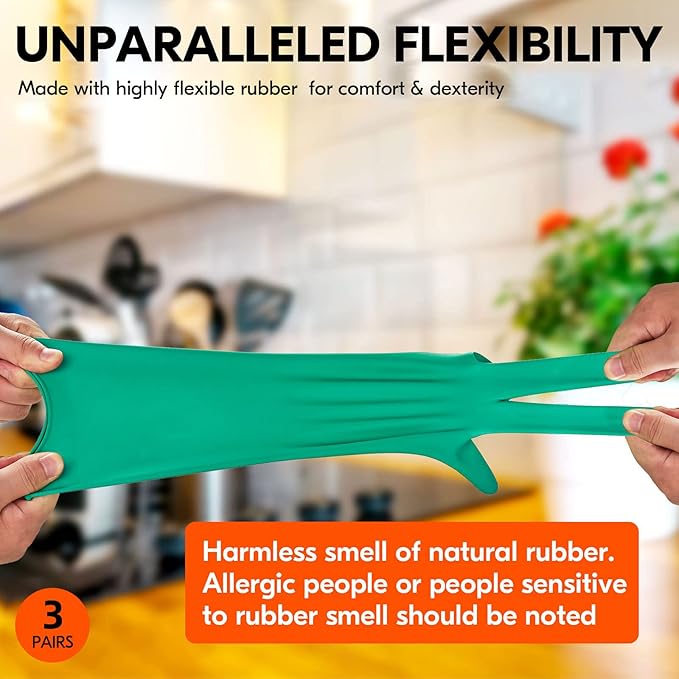 Vgo... 3-Pairs Reusable Household Gloves, Rubber Dishwashing gloves, Extra Thickness, Long Sleeves, Kitchen Cleaning, Working, Painting, Gardening, Pet Care (Size M, Green, HH4601)