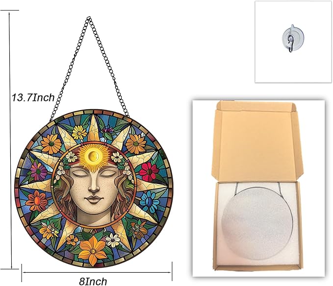 Sun Suncatcher 8 Inch Stained Glass Window Hanging Diamond Chain Hooks – Indoor/Outdoor Window Wall Art Home Décor -Gift for Women Men Valentine's Day Thanksgiving Ornaments Festival Gifts
