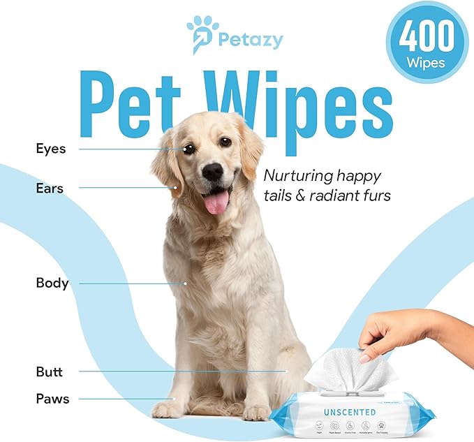 400 Dog Wipes for Paws and Butt Ears Eyes | XL 8x8 Organic Pet Wipes for Dogs | Unscented Dog Wipes Cleaning Deodorizing | Extra Thick Paw Wipes for Dogs Cats Pets | Bonus Glove Wipes Included