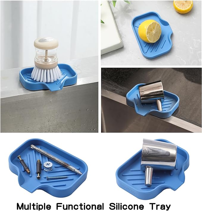 Silicone Bathroom Soap Dishes with Drain Spout-Bathroom and Kitchen Sink Organizer,Sponge Holder,Dish Soap Tray,Perfect for Dispenser,Scrubber,Bottle,Cup on Counter Lichen Blue 4.9"×3.2"