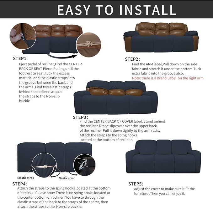Easy-Going 8 Pieces Recliner Sofa Stretch Sofa Slipcover Sofa Cover Furniture Protector Couch Soft with Elastic Bottom Kids, Spandex Jacquard Fabric Small Checks Dark Blue