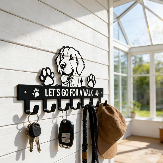 Golden Retriever Key Holder, Dog Leash Holder for Wall with 7 Hooks, Black Decorative Small Key Hanger for Entryway&Front Door, Golden Retriever Decor Accessories Gift, Dog Storage Organizer