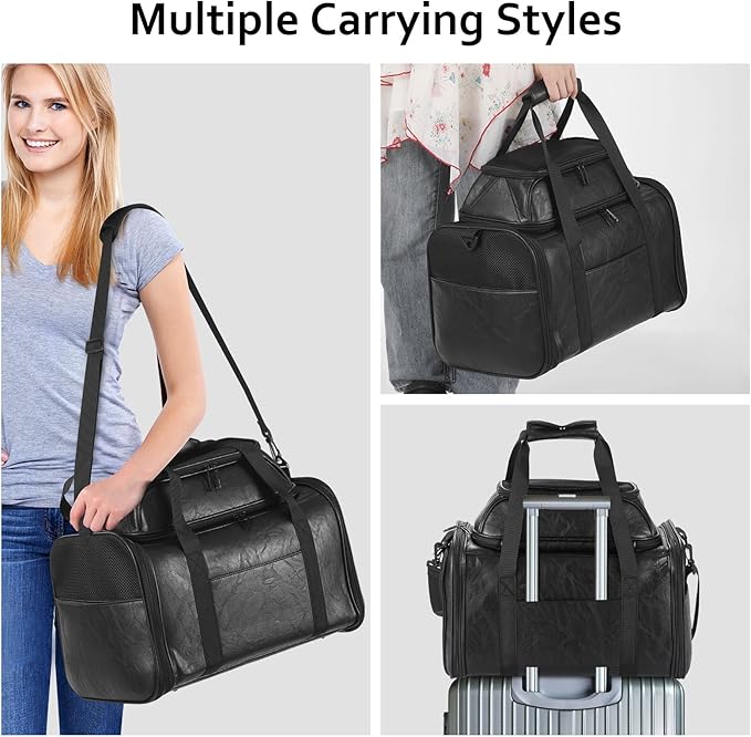 Bosnanller Premium Leather Top Expandable Pet Carrier for Small Dogs & Cats Under 15 lbs, Airline Approved Collapsible Soft-Sided Luxury Travel Bag Black