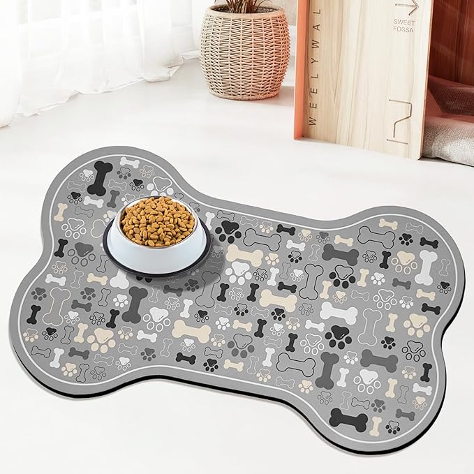 Dog & Cat Food Mat Bone Shaped Pet Feeding Mat Quick Absorb Water Bowl Placemat with Rubber Backing Indoor Floor Stain Resistant Pet Accessory Supplies (Gray, 17x29 Inches)