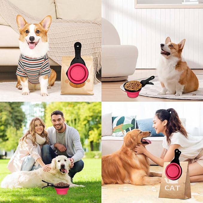 PNEUICALLY Collapsible Dog Food Scoop Foldable Pet Food Bag Clip 3 in 1 Multi-function Silicone Cat Food Measuring Cup Scoop Dog Food Scooper Pet Food Storage Clip (Rose Red, 1 Cup Capacity(1 Pack))
