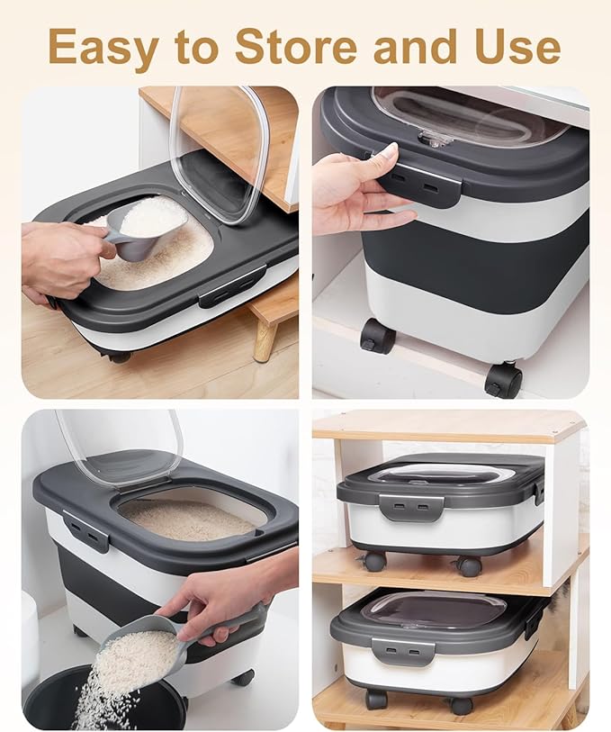 DDMOMMY 20-30 Lbs Rice Storage Container,Collapsible Food Storage Containers with Rolling Wheel Airtight Locking Lid,Flour Storage Container with Cup and Scoop,Suitable for Food,Rice,Pet Food,Flour
