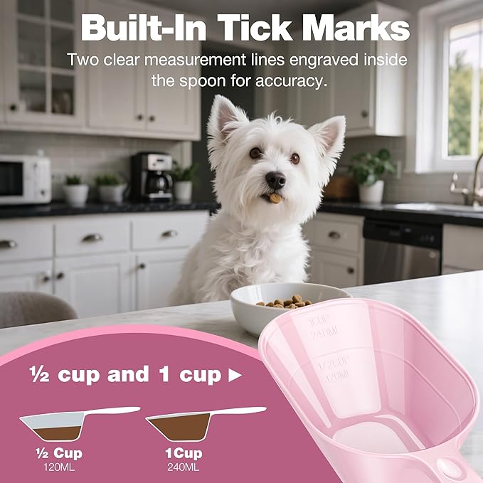 Fenenik Pet Food Scoop 2 Pack, Dog Cup Capacity Cat Food Scooper With Measuring Lines For Dog, Puppy and Cat Coffee Bean, Flour Scoop Light Pink