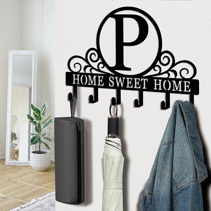 Metal Letter P Key Holder for Wall, Monogram Coat Rack Wall Mount, Key Hooks Perfect for Bathroom, Living Room, Kitchen, Office Ideal Wedding, Anniversary, Housewarming Gift (P)