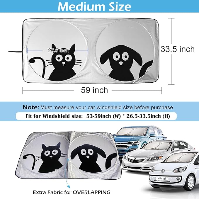 Car Windshield Sunshade with Pet Design, Cute Dog & Cat Cartoon Front Windshield Sun Shade Foldable Sunshade Blocks Heat UV Rays, Protect Interior Keep Cool, Fits Cars SUV Truck - Medium