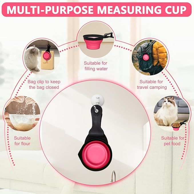 PNEUICALLY Collapsible Dog Food Scoop Foldable Pet Food Bag Clip 3 in 1 Multi-function Silicone Cat Food Measuring Cup Scoop Dog Food Scooper Pet Food Storage Clip (Rose Red, 1/2 Cup Capacity(1 Pack))