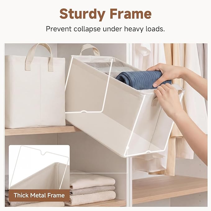 StorageWorks Closet Storage Bins, Storage Baskets for Shelves, Closet Organizers and Storage Bins with Metal Frame, Handles, Beige, Cool Silky Fabric, 2-Pack