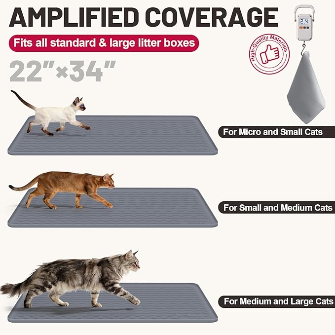 Large Silicone Cat Mat for Litter Box, 34"x22" Waterproof & Urine-Proof Pad with Litter-Trapping Waves, Non-Slip, Easy Clean & Paw-Safe (Pink)