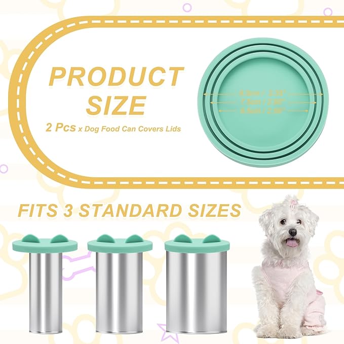 Cat Food Can Covers Lids, Dog Food Can Lids with Cute Pet Ears Shaped Silicone Toppers One Fit 3 Standard Sizes, (Mint Green, 2Pcs), Intended for Dog/Cat/Pet Food Cans