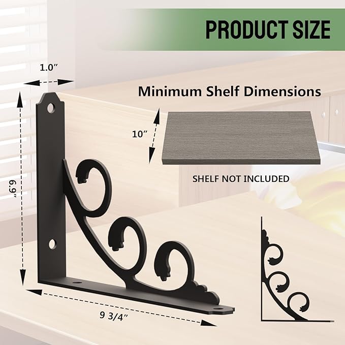 L Shelf Brackets for 10" - 12" Board, Floating Shelf Bracket Heavy Duty Metal Shelving Brackets for Shelves, Decorative Iron Rustic Wall Brackets for DIY Floating Shelf, 6 Pack Black