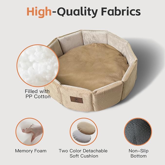 PJYuCien Cat Bed Kitten Bed, Washable Round Cat Beds for Indoor Cats, Super Soft Faux Rabbit Fur Small Bed for Puppy and Kitten, Fluffy Inner Mat Filling Memory Foam with Anti-Slip Bottom (Khaki)