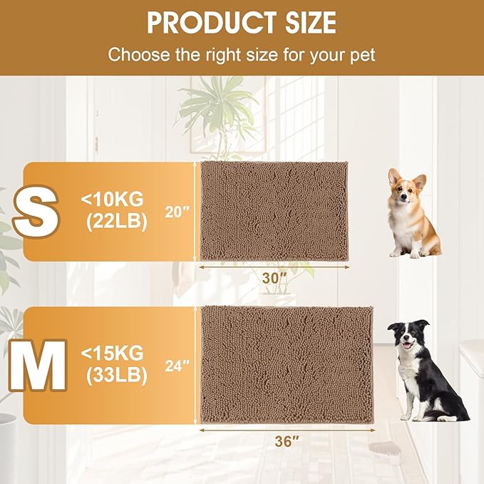2 Pieces Muddy Door Mats for Dogs, 36" X 24" Chenille Absorbent Doormat, Trap Dirt Non Slip Heavy Indoor Doormat Soft Dog Bed Mat Front Inside Door Mat for Indoor Outdoor Entrance,Camel