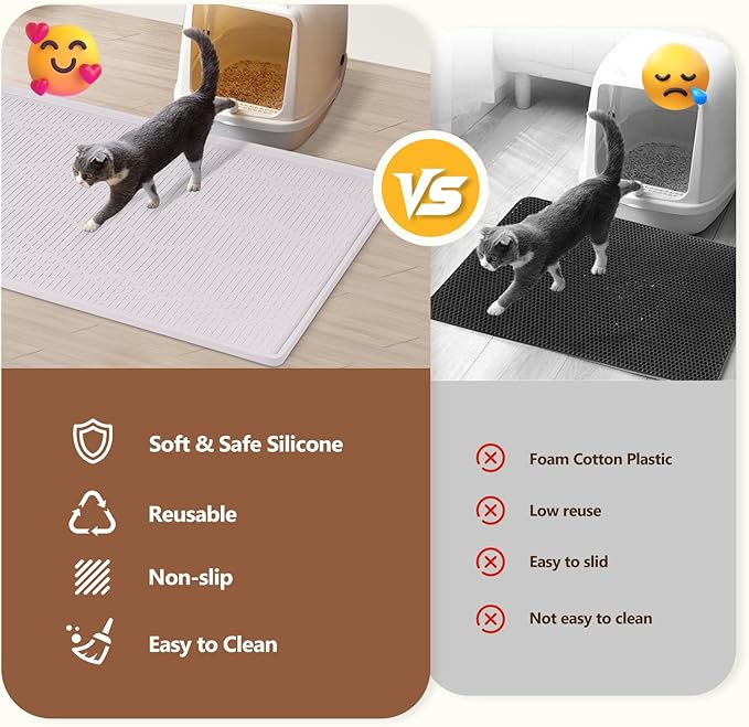 Bartuke Large Cat Litter Mat with Toy Ball, 34'' x 22'' Silicone Cat Litter Trapping Mat for Scatter Control, Soft on Kitty Paws, Easy to Clean (White)