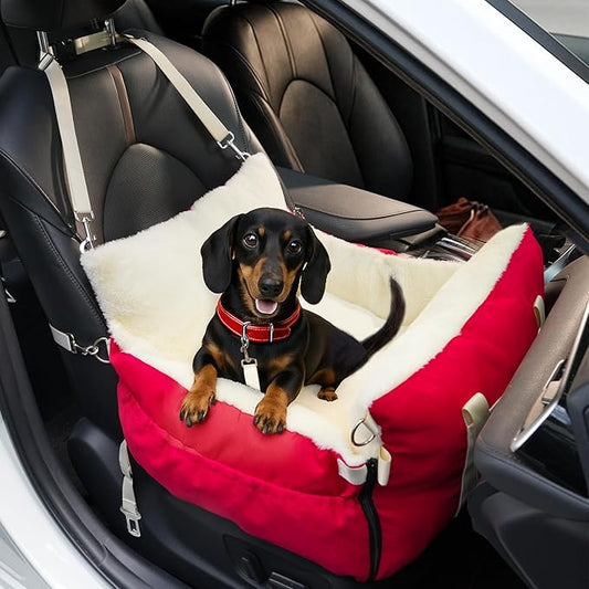 Dog Car Seat for Small Dogs with Extension Zone, Portable Washable Travel Bed for Pets up to 30 lbs, Booster Seat for Front Seat & Camping, Includes Harness Clip – Red