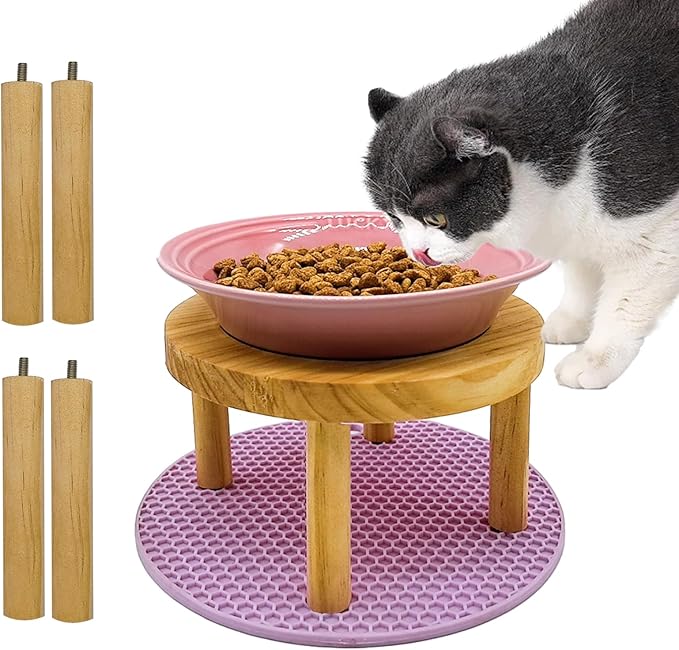 Elevated Cat Bowls Raised Ceramic Cat Dishes Adjustable Height Stand Whisker Fatigue Friendly Food Plates Feeding Station for Kittens Puppies Dog(Pink)